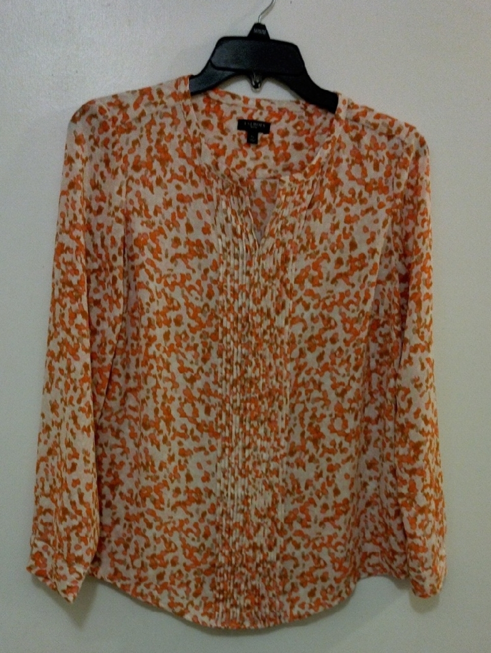 Talbots Pleated Front Long Sleeve Orange Speckled Blouse